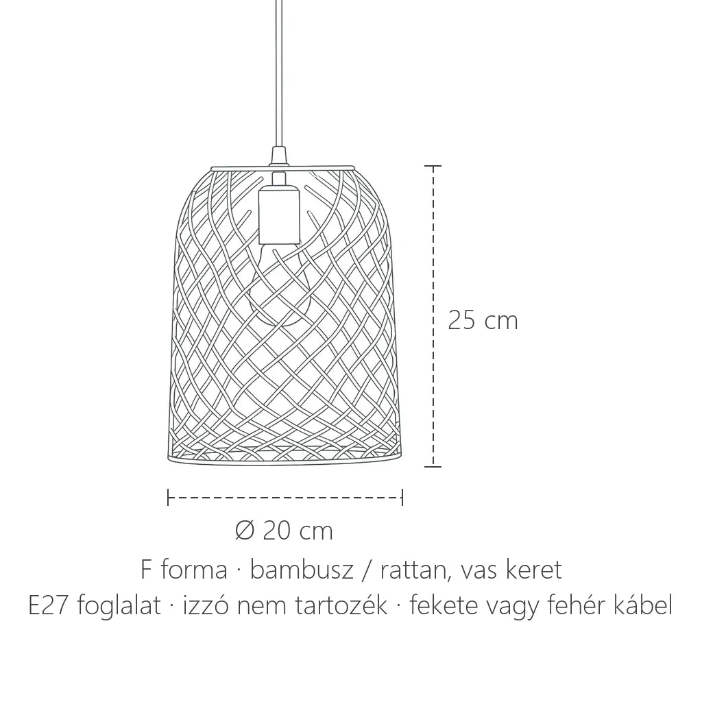 Fonott rattan függőlámpa F forma méretei: Ø 20 × 25 cm