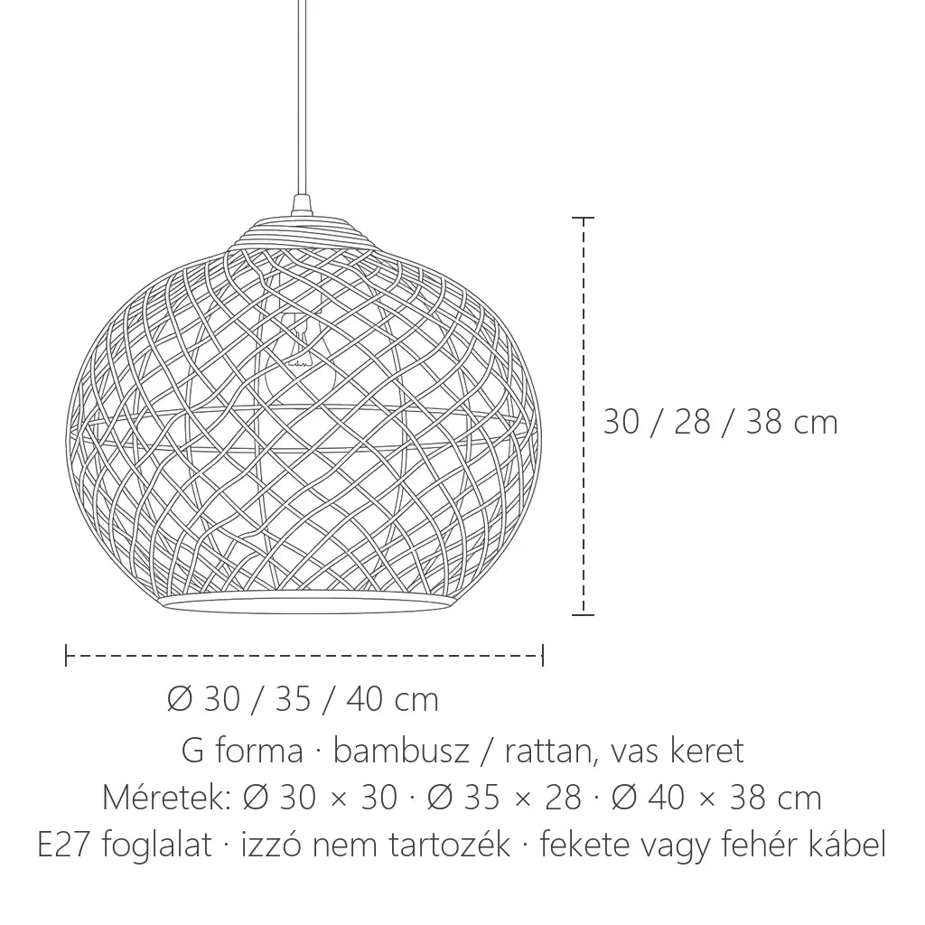 Fonott rattan függőlámpa G forma méretei: Ø 30–40 cm, 28–38 cm magas