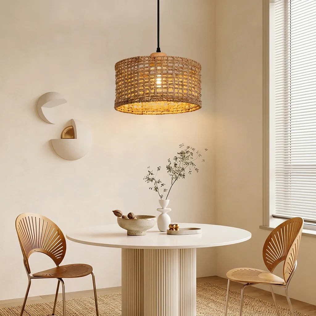 Fonott rattan lámpa kerek étkezőasztal fölött