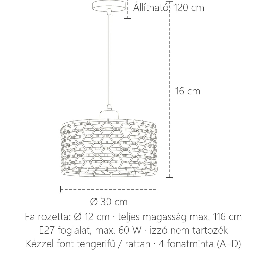Fonott függőlámpa méretei: Ø 30 cm, 16 cm magas, 120 cm kábel