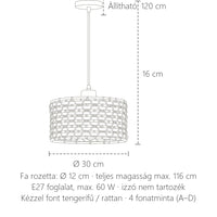 Fonott függőlámpa méretei: Ø 30 cm, 16 cm magas, 120 cm kábel