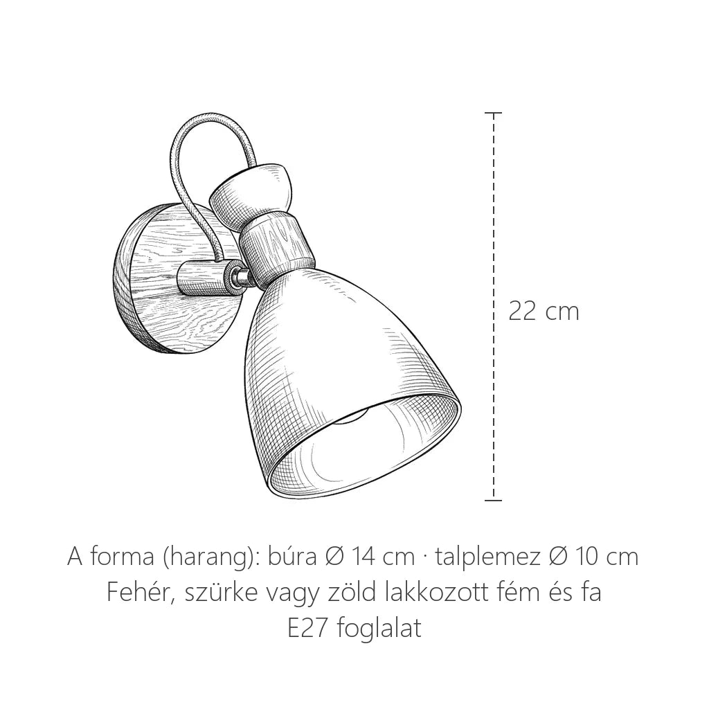 Forgatható fa-fém fali lámpa méretei, A forma (harang): 22 cm