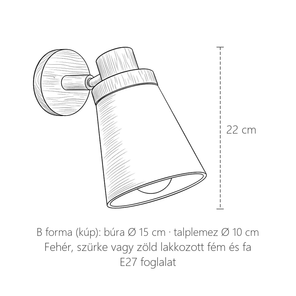 Forgatható fa-fém fali lámpa méretei, B forma (kúp): 22 cm