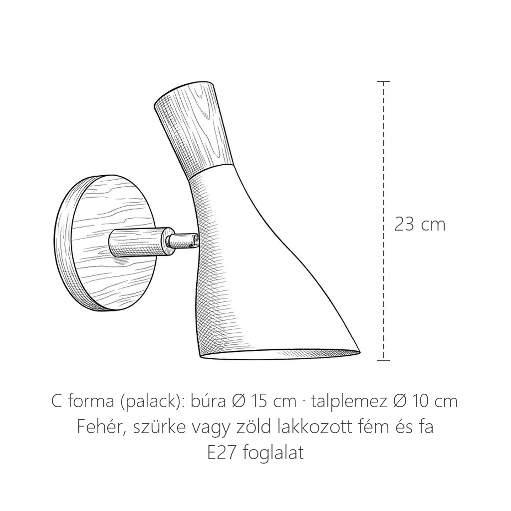 Forgatható fa-fém fali lámpa méretei, C forma (palack): 23 cm
