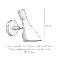 Forgatható fa-fém fali lámpa méretei, C forma (palack): 23 cm
