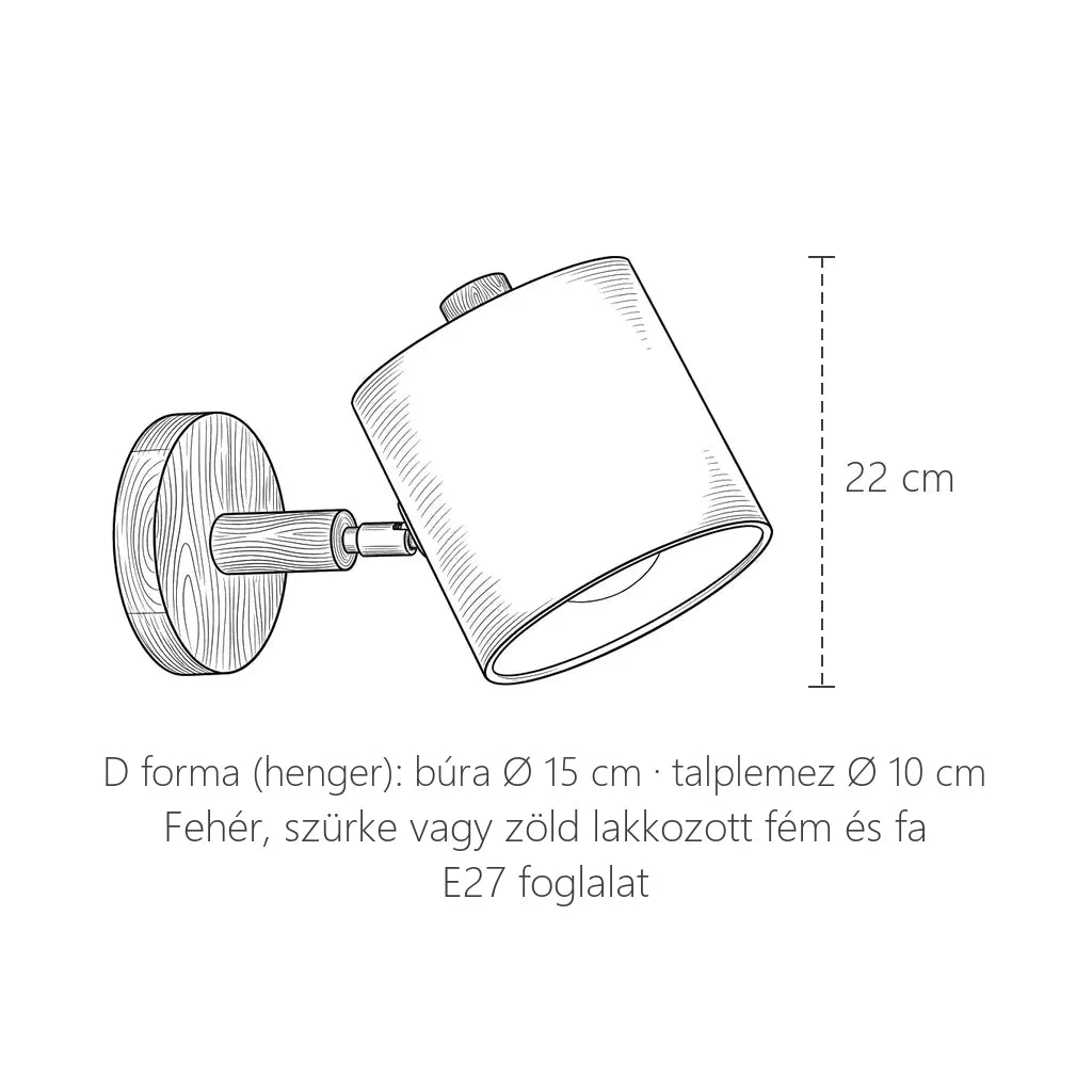 Forgatható fa-fém fali lámpa méretei, D forma (henger): 22 cm