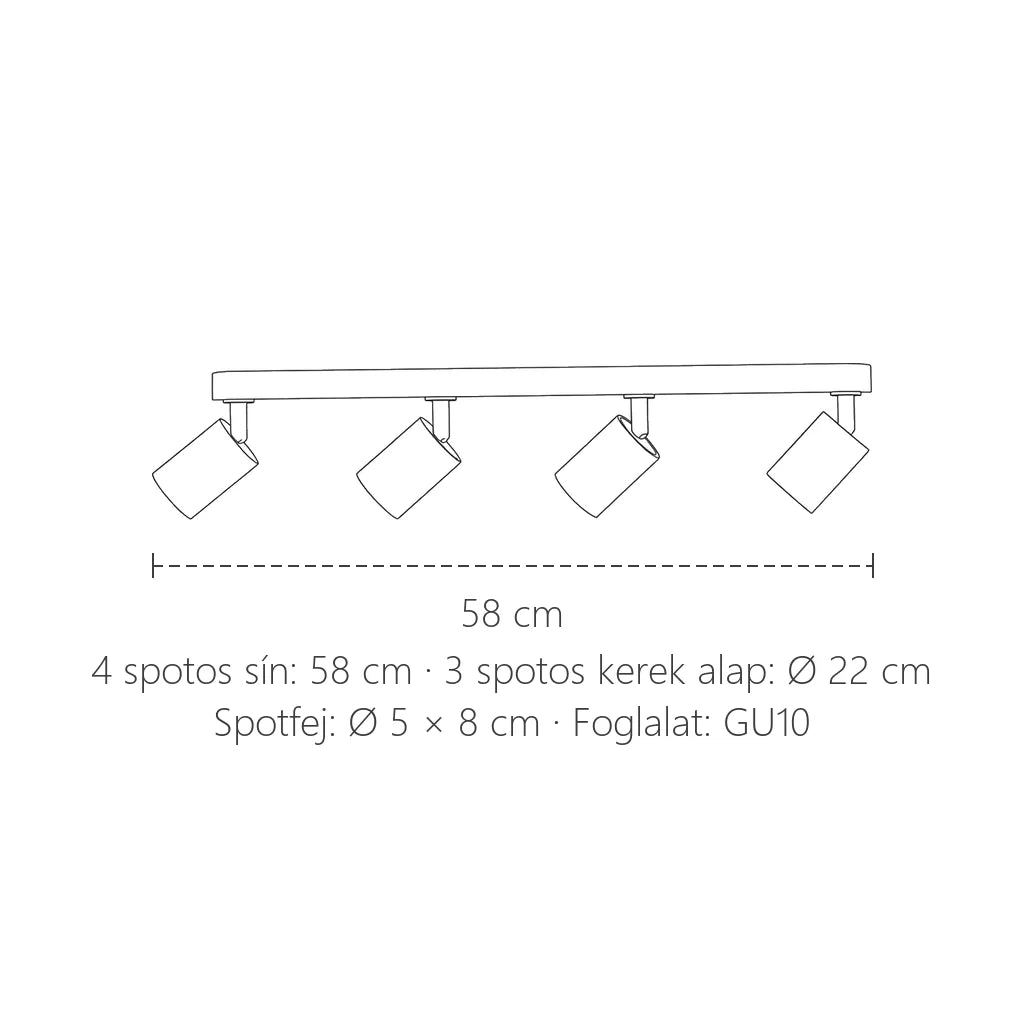Forgatható GU10 spotlámpa méretei: 58 cm sín vagy Ø 22 cm kerek alap