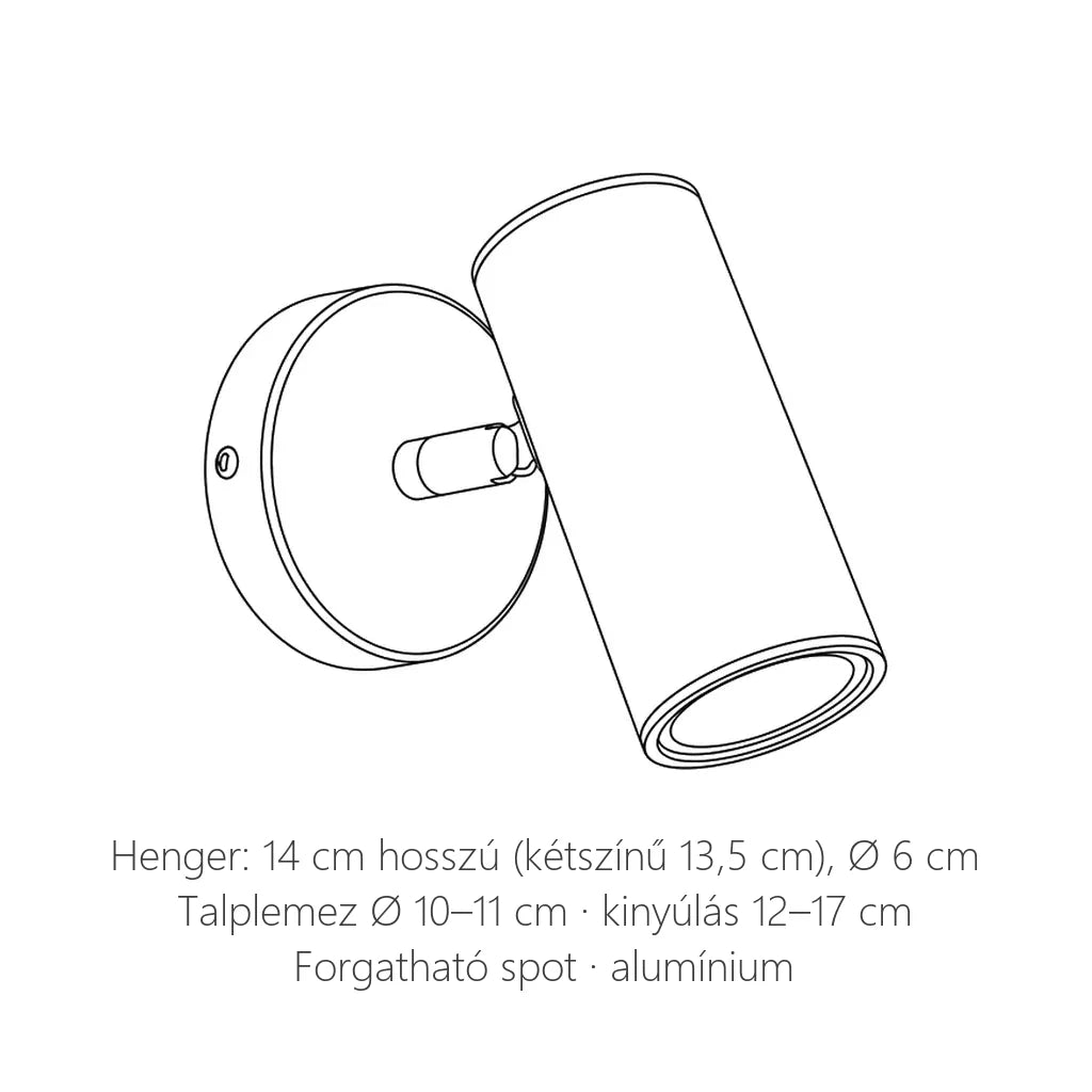 Forgatható henger spot fali lámpa méretei: 14 cm hosszú, Ø 6 cm
