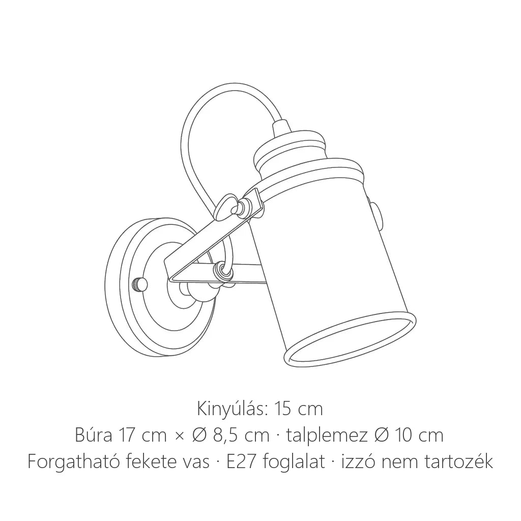Forgatható ipari spot fali lámpa méretei: kinyúlás 15 cm, búra 17 cm