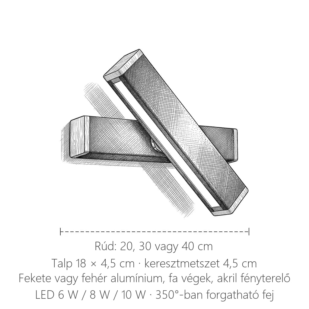 Forgatható LED rúd fali lámpa méretei: 20, 30 vagy 40 cm