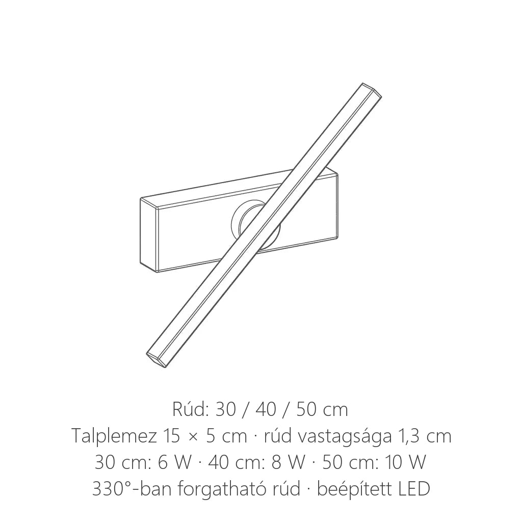 A forgatható LED rúd fali lámpa méretei: rúd 30, 40 vagy 50 cm