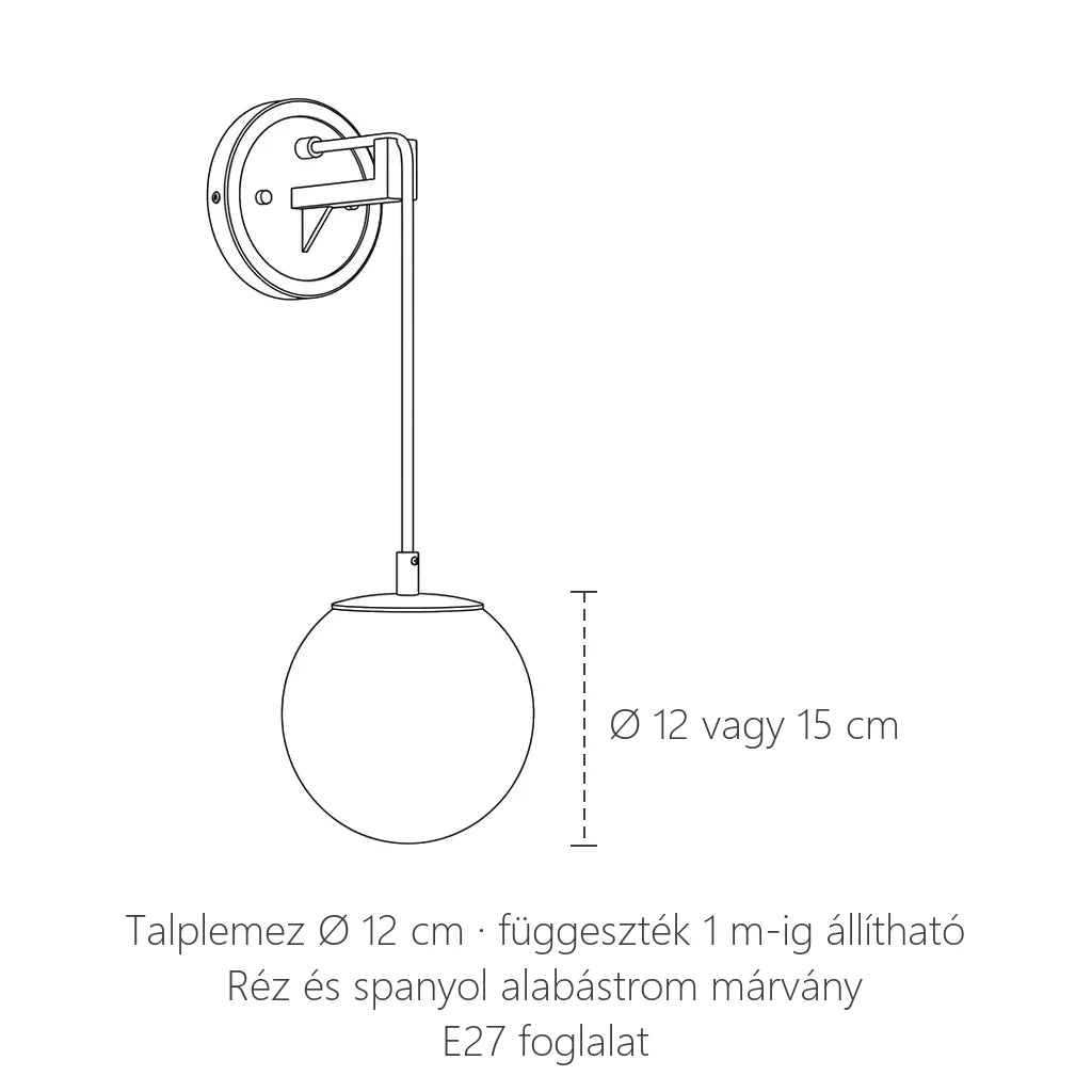 Függő alabástrom gömbös fali lámpa méretei: gömb Ø 12 vagy 15 cm, talplemez Ø 12 cm