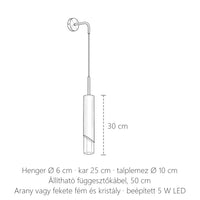Függő henger LED fali lámpa méretei: henger 30 cm, Ø 6 cm