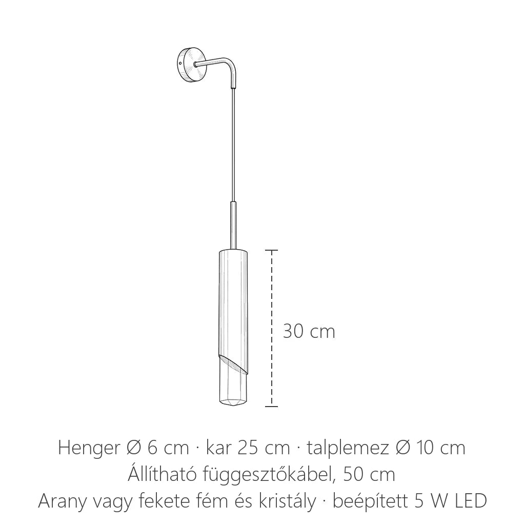 Függő henger LED fali lámpa méretei: henger 30 cm, Ø 6 cm