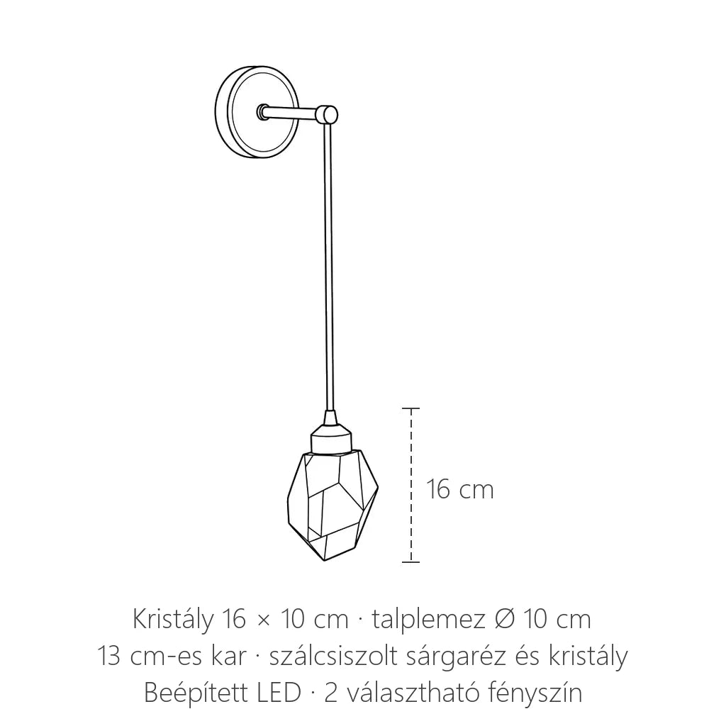 A függő kristály LED fali lámpa méretei: kristály 16 × 10 cm, kar 13 cm