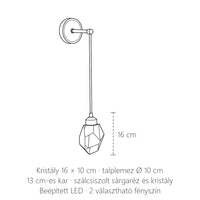 A függő kristály LED fali lámpa méretei: kristály 16 × 10 cm, kar 13 cm