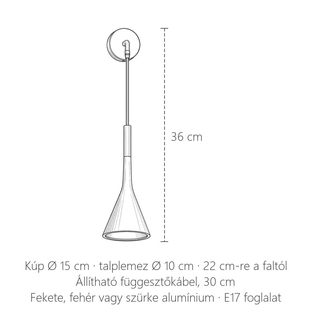 Függő kúpos fali lámpa méretei: 36 cm magas, kúp Ø 15 cm