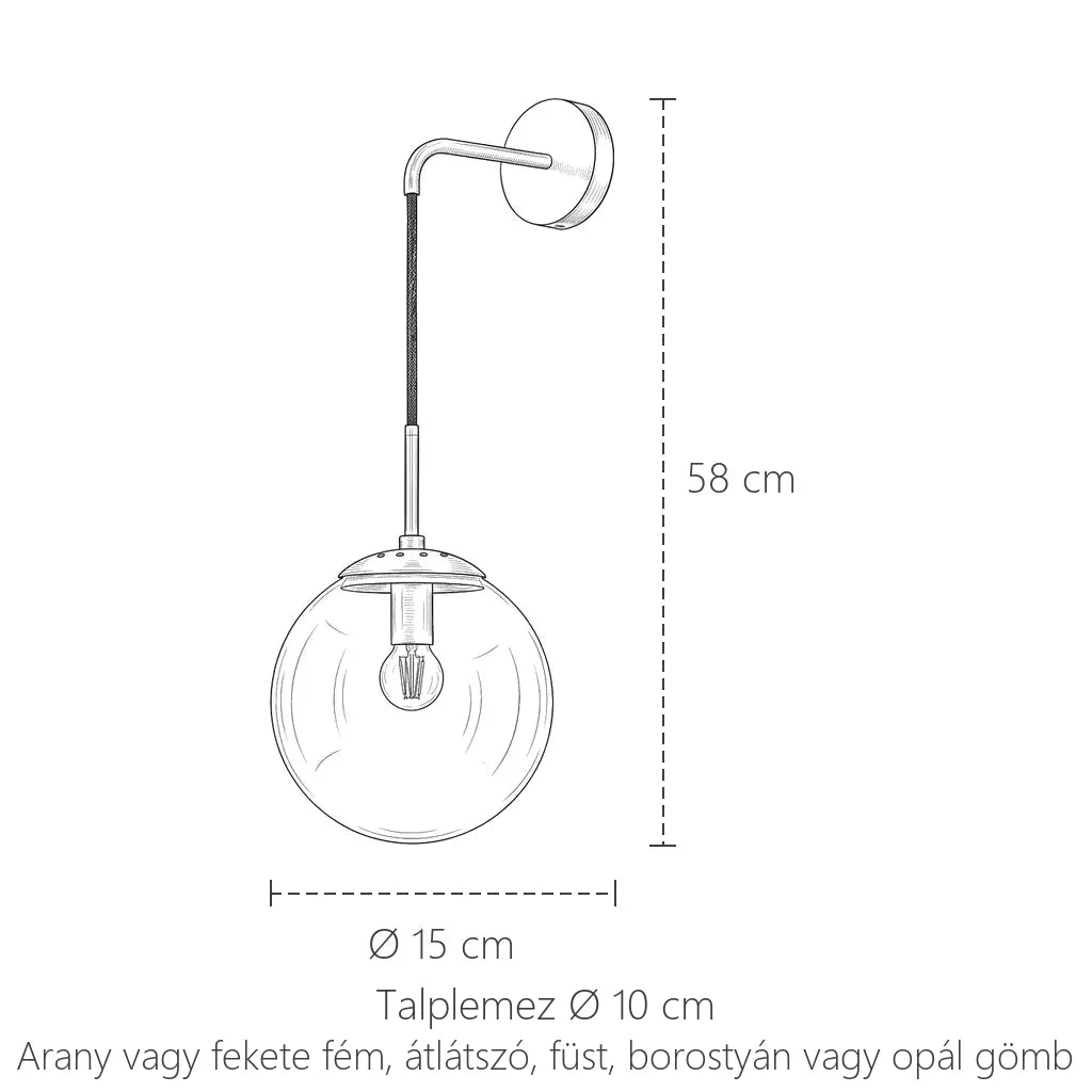 A függő üveggömbös fali lámpa méretei: magasság 58 cm, gömb Ø 15 cm