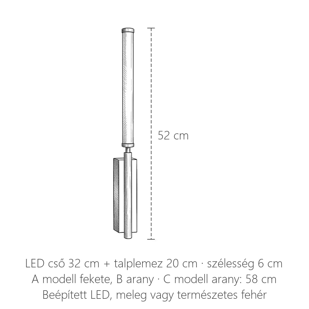 Függőleges LED csöves fali lámpa méretei: 52 cm magas, 6 cm széles