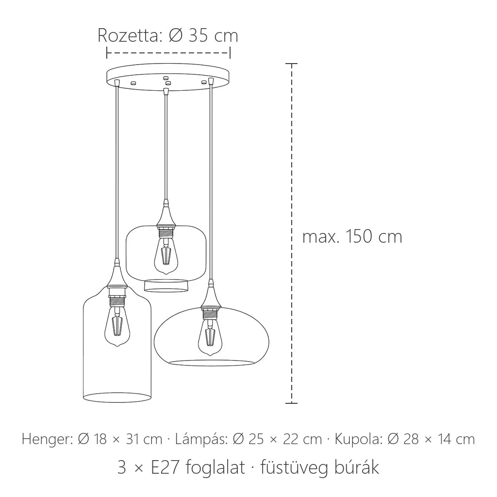Háromágú üveg függőlámpa méretei: Ø 35 cm rozetta, max. 150 cm