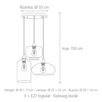 Háromágú üveg függőlámpa méretei: Ø 35 cm rozetta, max. 150 cm