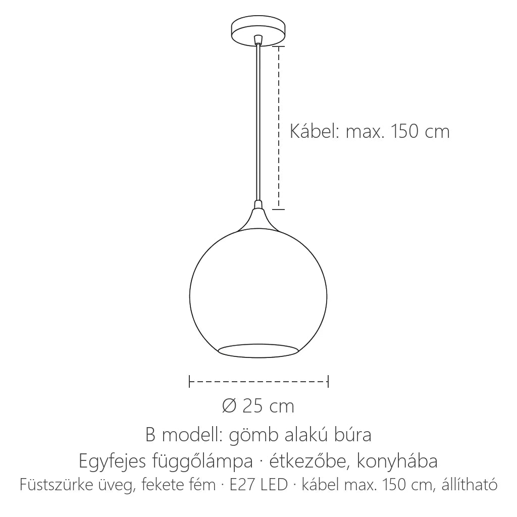 B modell méretei: Ø 25 cm-es gömb búra