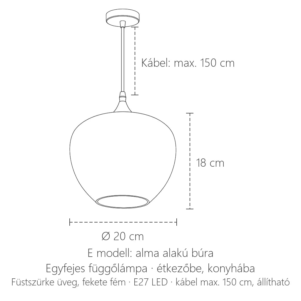 E modell méretei: Ø 20 cm, 18 cm magas