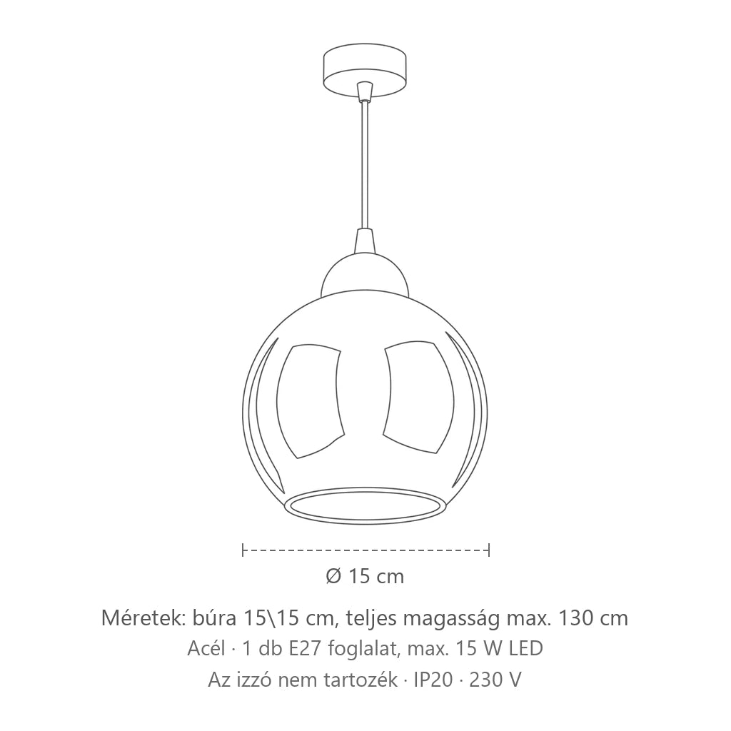 Füstüveg gömb függőlámpa méretei (1 izzós): búra 15\15 cm, teljes magasság max. 130 cm