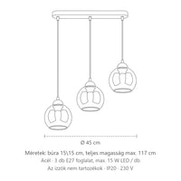 Füstüveg gömb függőlámpa méretei (3 izzós): búra 15\15 cm, teljes magasság max. 117 cm