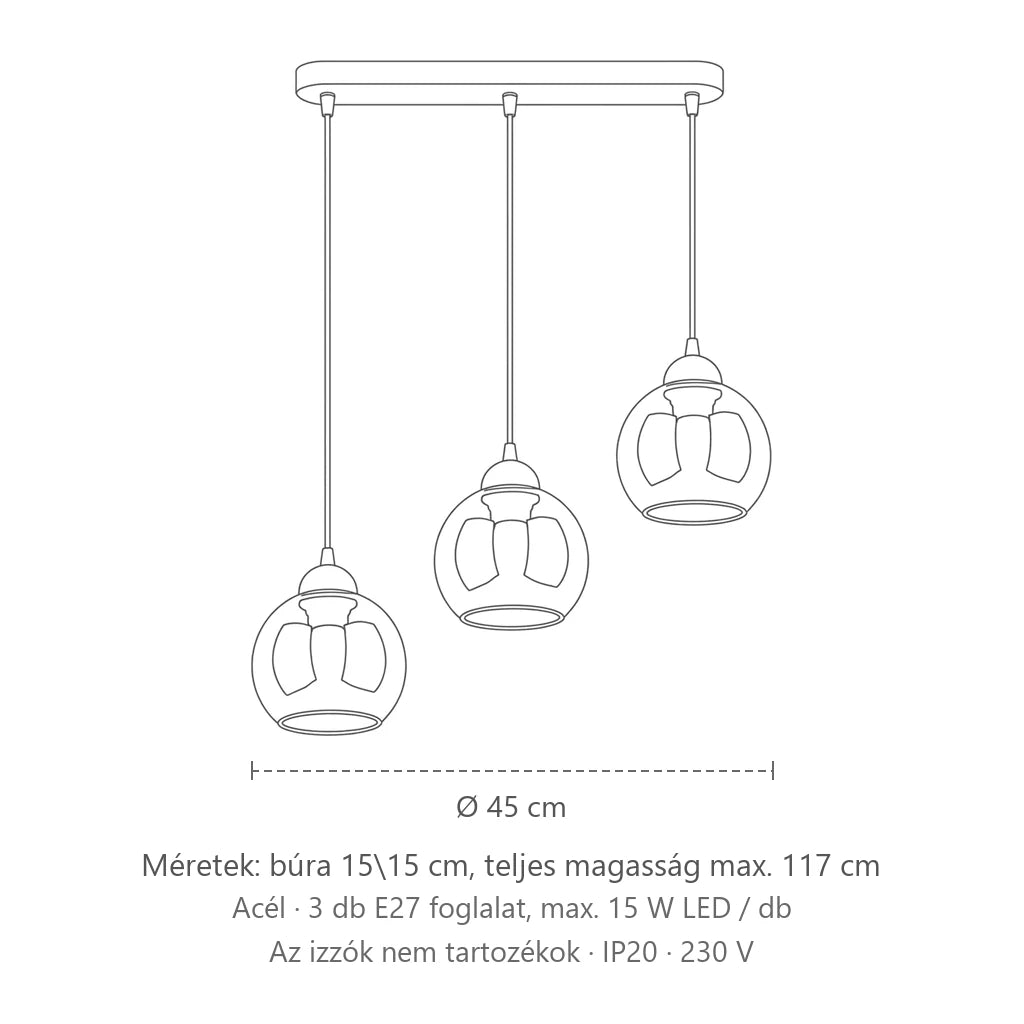 Füstüveg gömb függőlámpa méretei (3 izzós): búra 15\15 cm, teljes magasság max. 117 cm