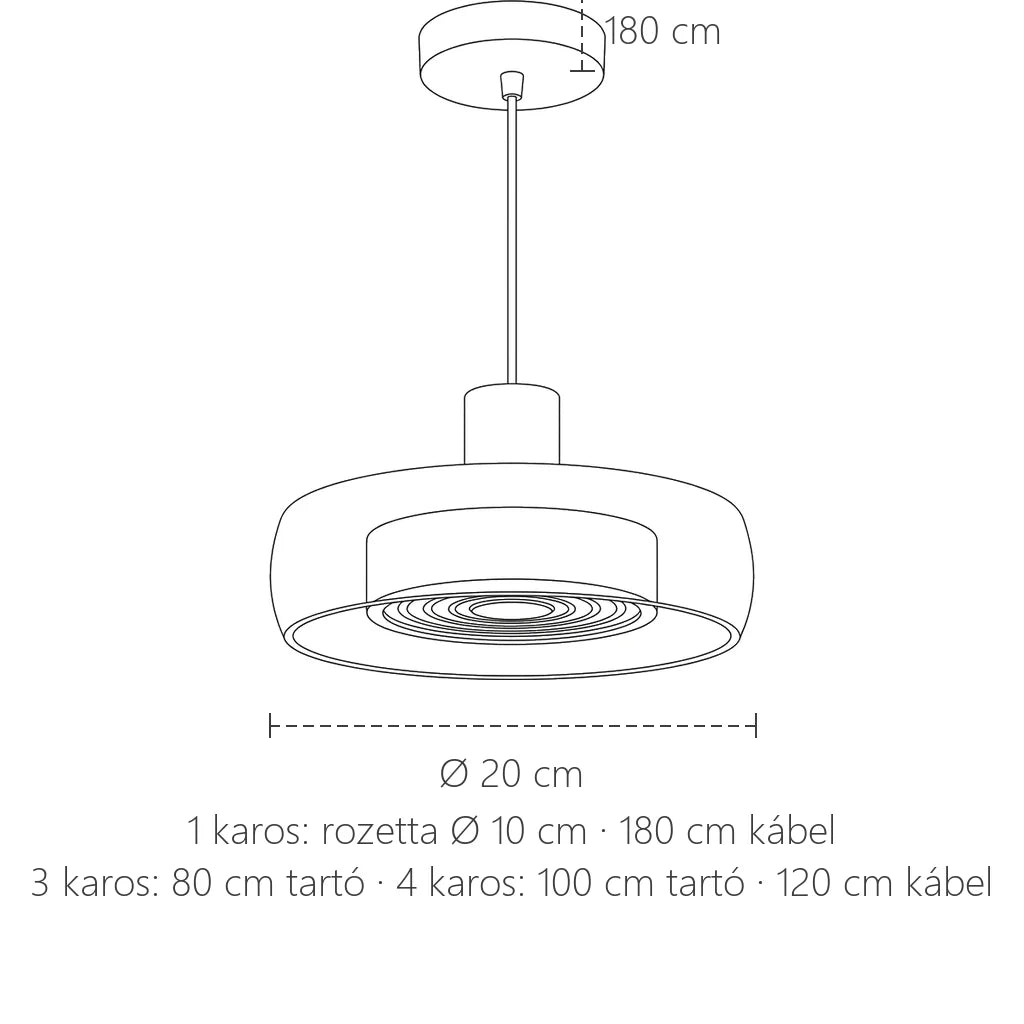 Füstüveg korong függő lámpa méretei: Ø 20 cm, 180 cm kábel
