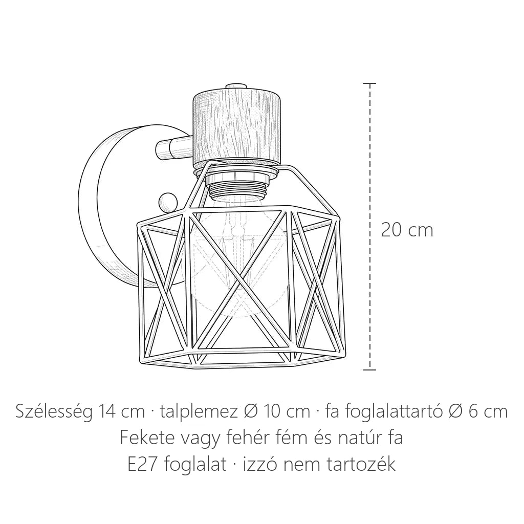 Geometrikus kalitkás fa fali lámpa méretei: 20 cm magas, 14 cm széles