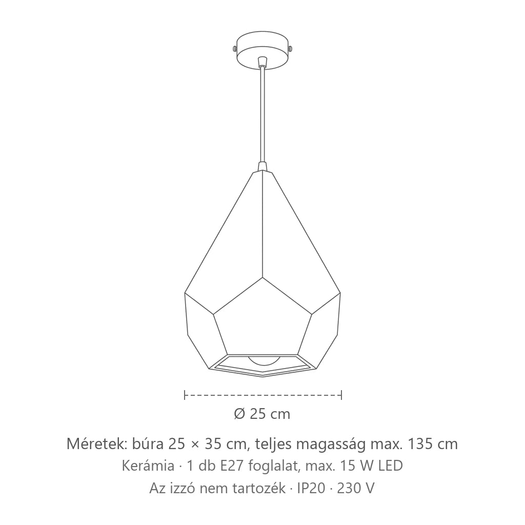 Geometrikus sokszögű fehér kerámia függőlámpa méretei: búra 25 × 35 cm, teljes magasság max. 135 cm
