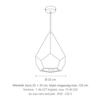 Geometrikus sokszögű fehér kerámia függőlámpa méretei: búra 25 × 35 cm, teljes magasság max. 135 cm