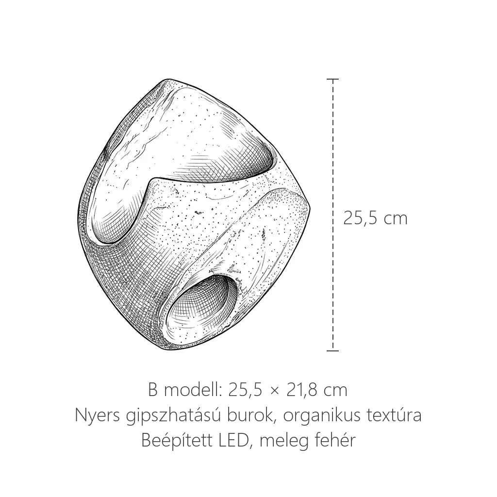 Gipszhatású kavics fali lámpa, B modell méretei: 25,5 × 21,8 cm