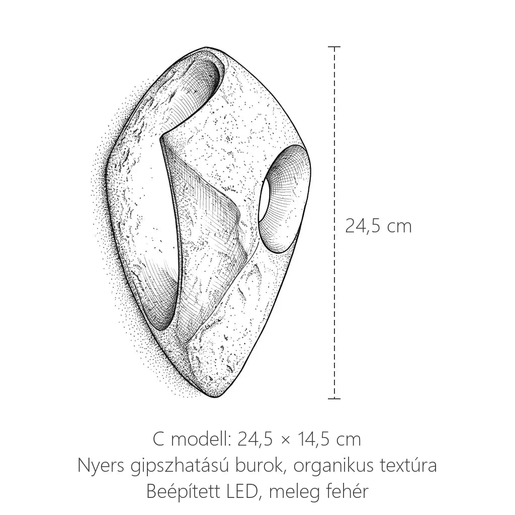 Gipszhatású kavics fali lámpa, C modell méretei: 24,5 × 14,5 cm