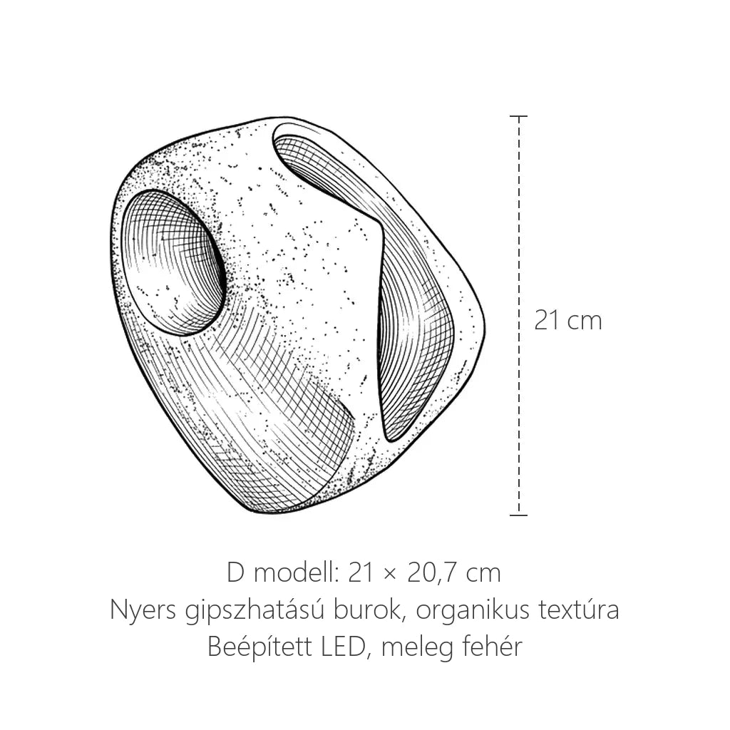 Gipszhatású kavics fali lámpa, D modell méretei: 21 × 20,7 cm