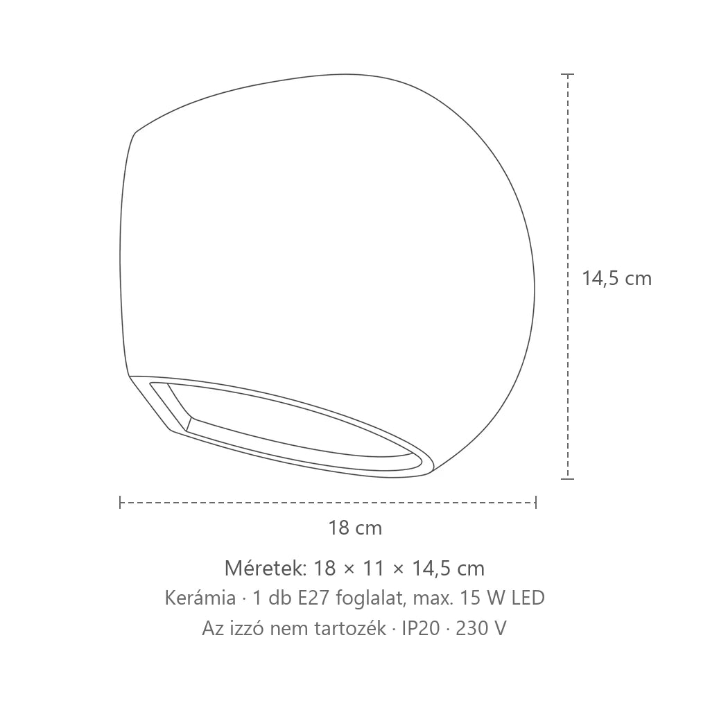 Gömb alakú fehér kerámia fali lámpa méretei: 18 × 11 × 14,5 cm