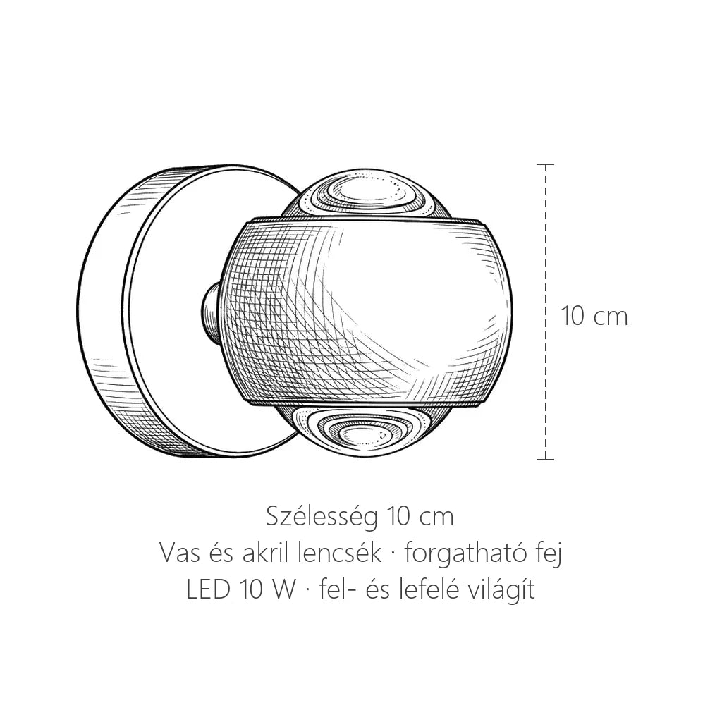 Gömb lencsés fel-le LED fali lámpa méretei: 10 cm