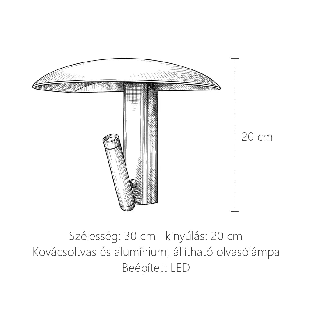 A gomba formájú LED fali lámpa méretei: szélesség 30 cm, kinyúlás 20 cm