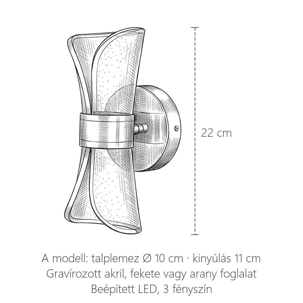 Gravírozott akril masni LED fali lámpa méretei: 22 cm magas, kinyúlás 11 cm