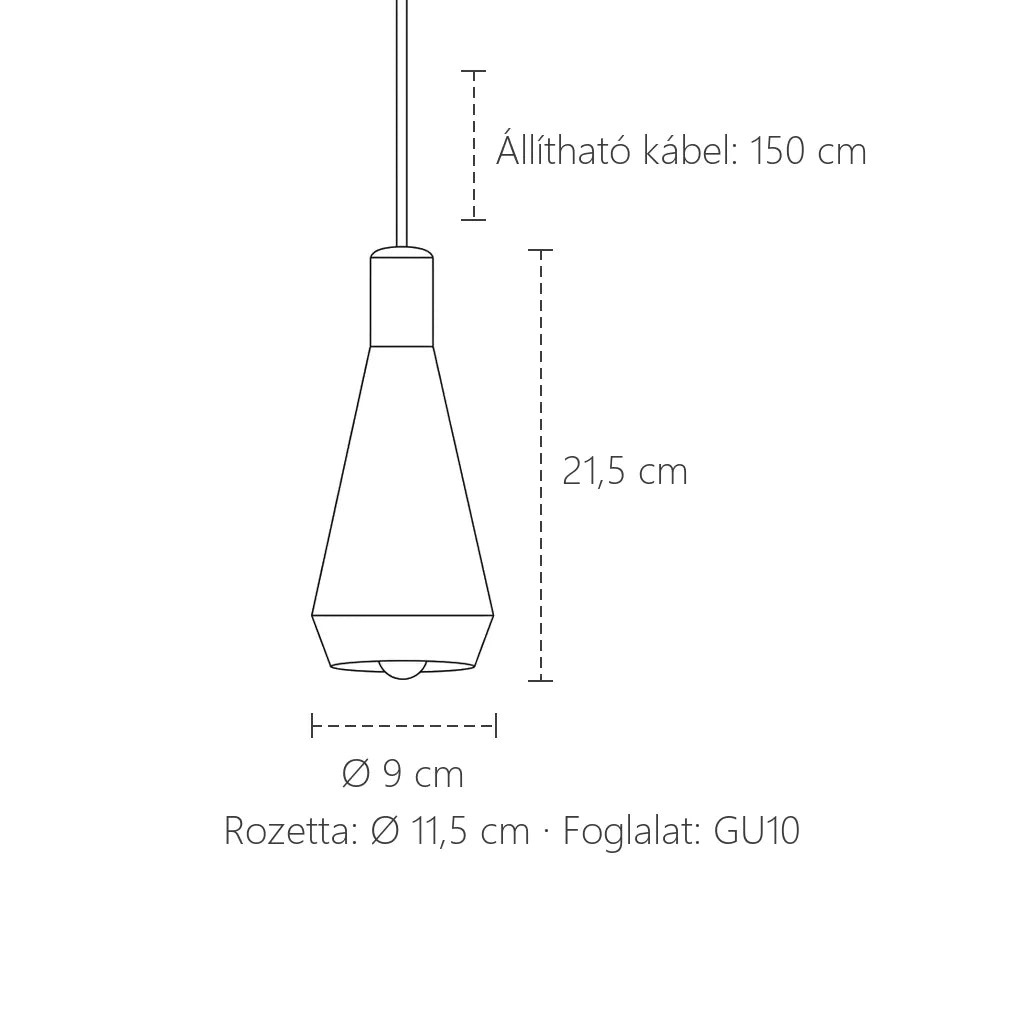 GU10 kúp függő lámpa méretei: Ø 9 cm, 21,5 cm magas, 150 cm kábel
