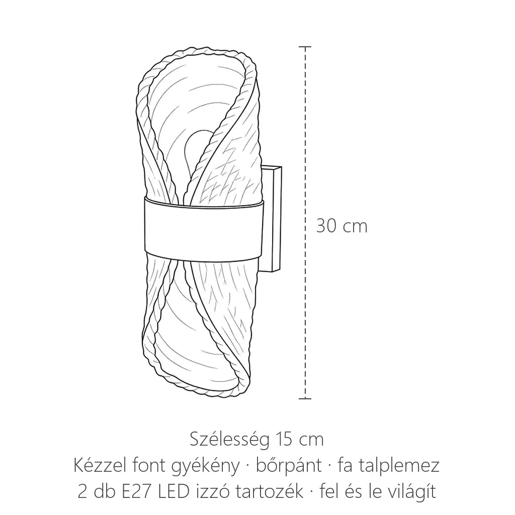Gyékény és bőr fali lámpa méretei: 30 cm magas, 15 cm széles
