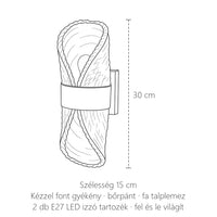 Gyékény és bőr fali lámpa méretei: 30 cm magas, 15 cm széles