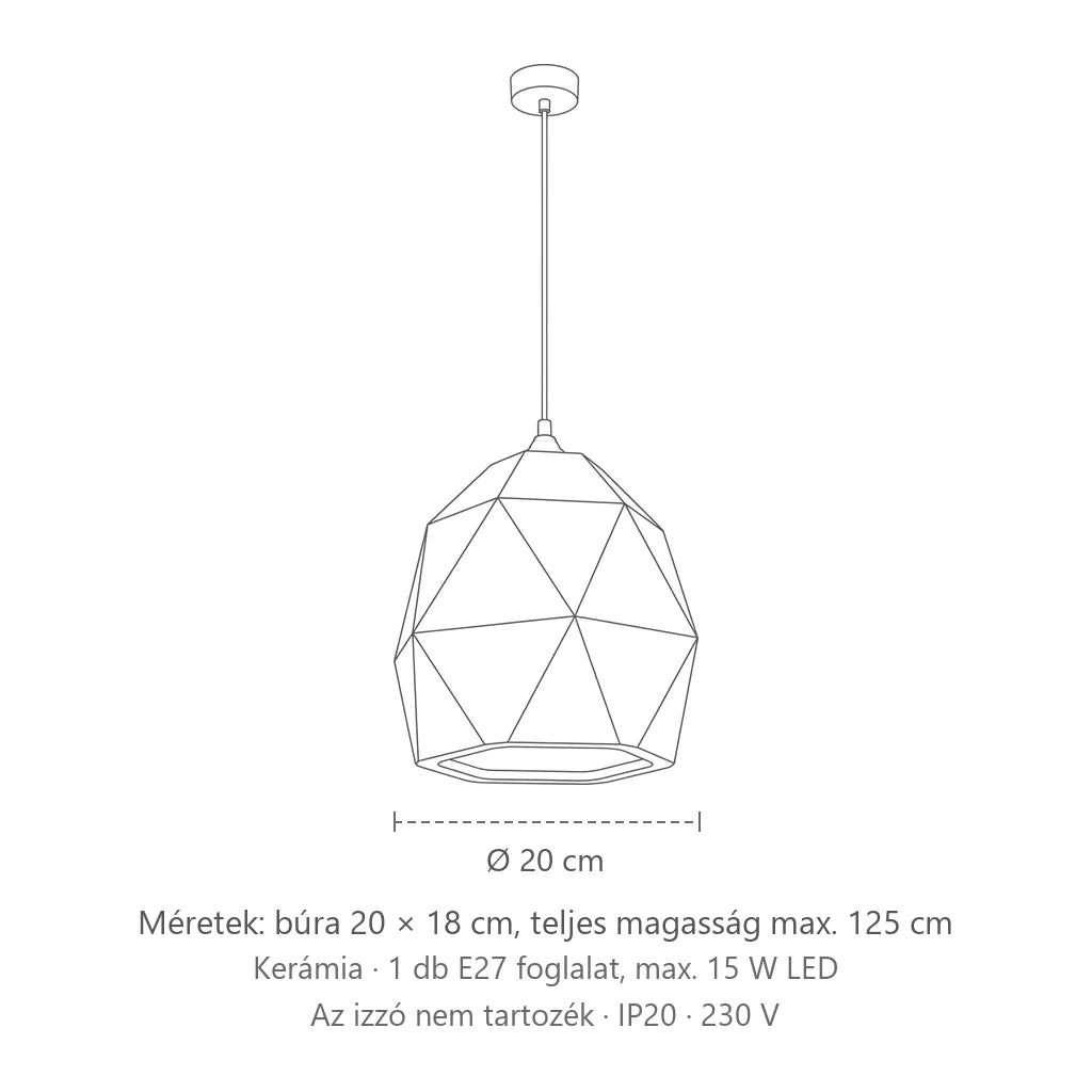 Gyémánt formájú fehér kerámia függőlámpa méretei: búra 20 × 18 cm, teljes magasság max. 125 cm