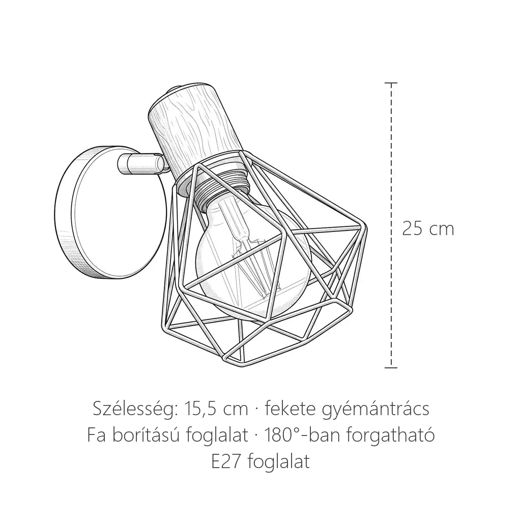 Gyémántrácsos fali lámpa méretei: 25 cm magas, 15,5 cm széles