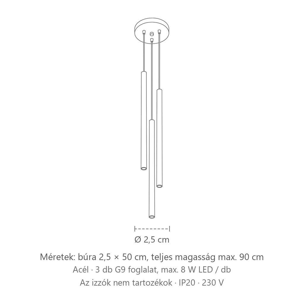 Gyertya formájú vékony csövek csoportos függőlámpa méretei (3 izzós – acél): búra 2,5 × 50 cm, teljes magasság max. 90 cm