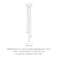 Gyertya formájú vékony csövek csoportos függőlámpa méretei (3 izzós – beton): búra 3,5 × 50 cm, teljes magasság max. 115 cm