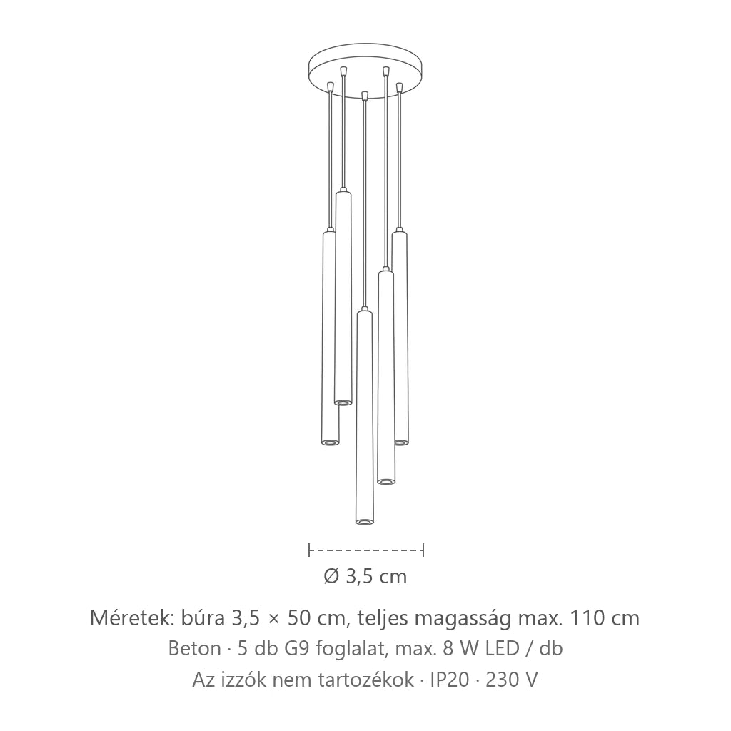 Gyertya formájú vékony csövek csoportos függőlámpa méretei (5 izzós – beton): búra 3,5 × 50 cm, teljes magasság max. 110 cm