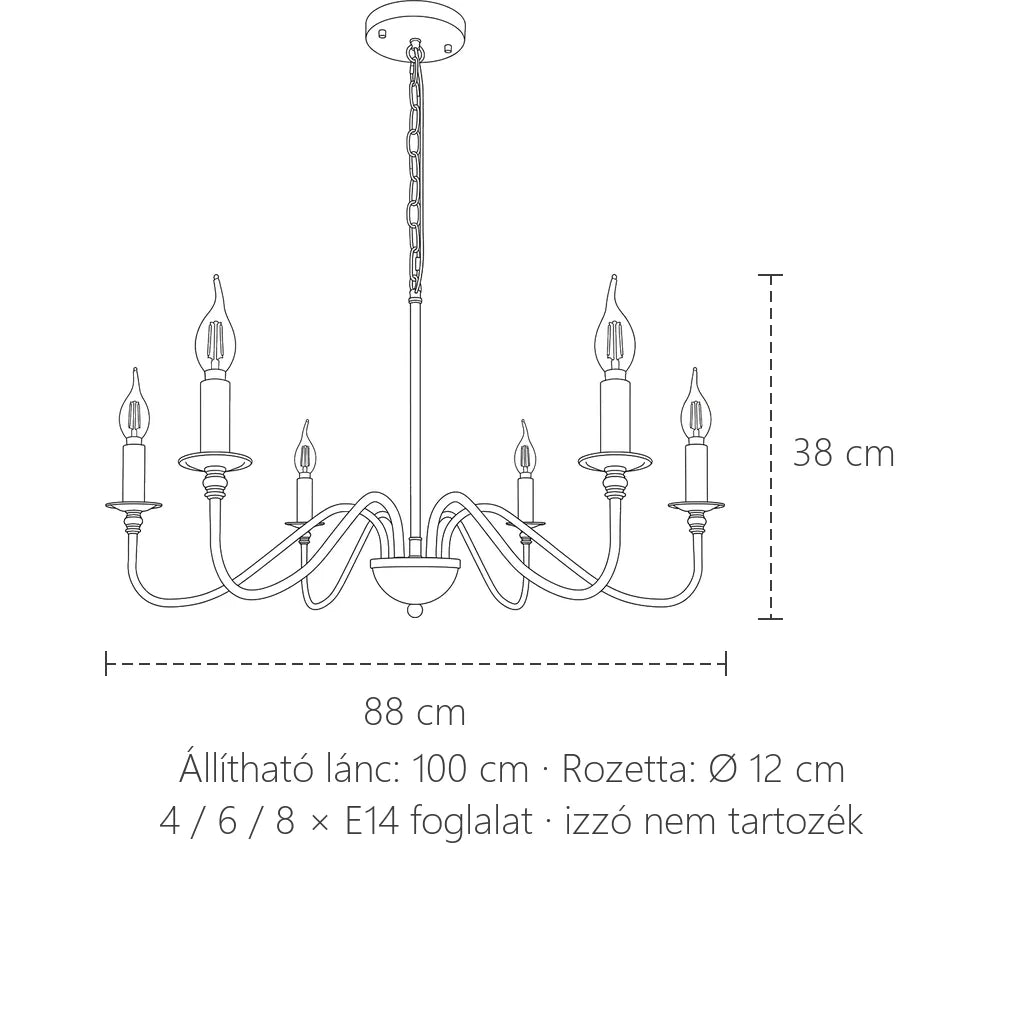 Gyertyás loft csillár méretei: 88 cm széles, 38 cm magas